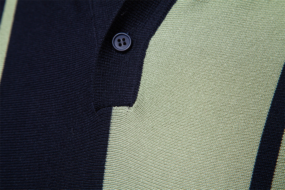 Casual Colorblock Striped Knit Polo Shirt