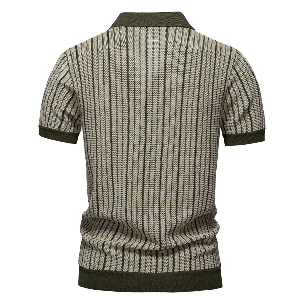 Colorblock Striped Knit Polo Shirt