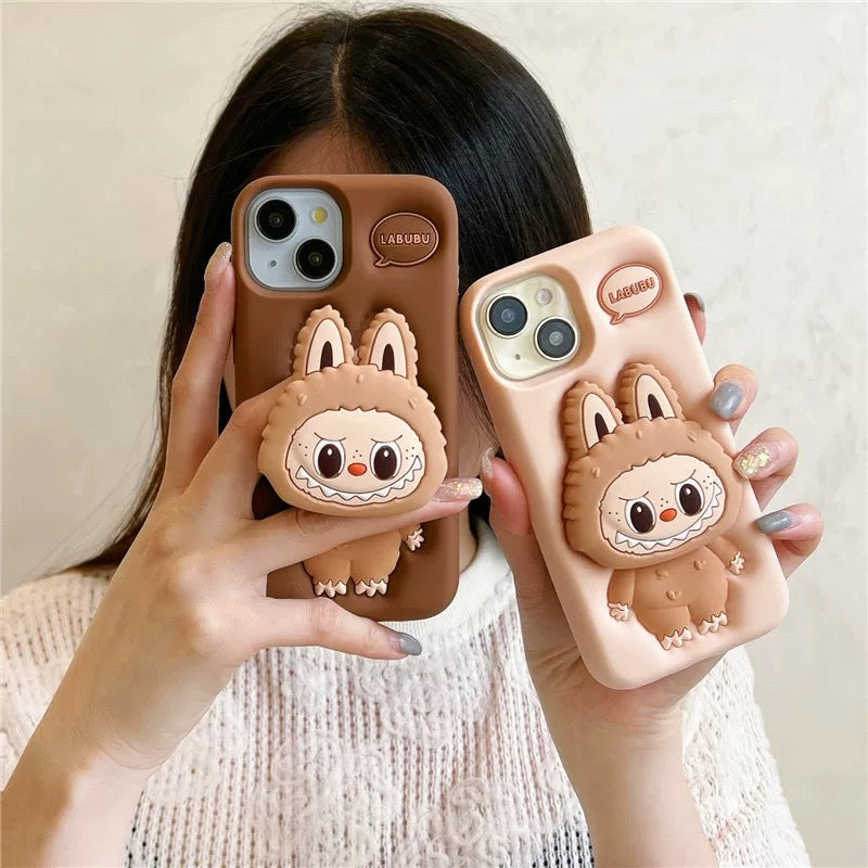 Cute Cartoon Labubu Zimomo Silicone with Stand | Brown/Pink - iPhone Case