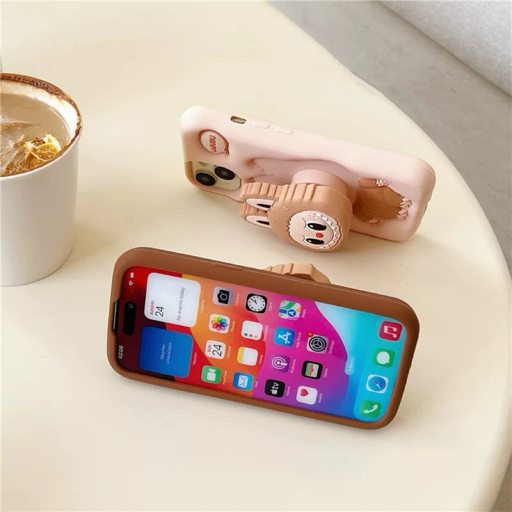 Cute Cartoon Labubu Zimomo Silicone with Stand | Brown/Pink - iPhone Case