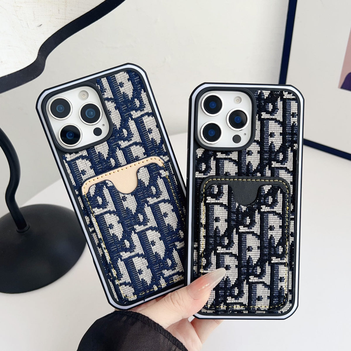 Dior Fabric iPhone Case Card Slot for 12 18 Pro Max Plus