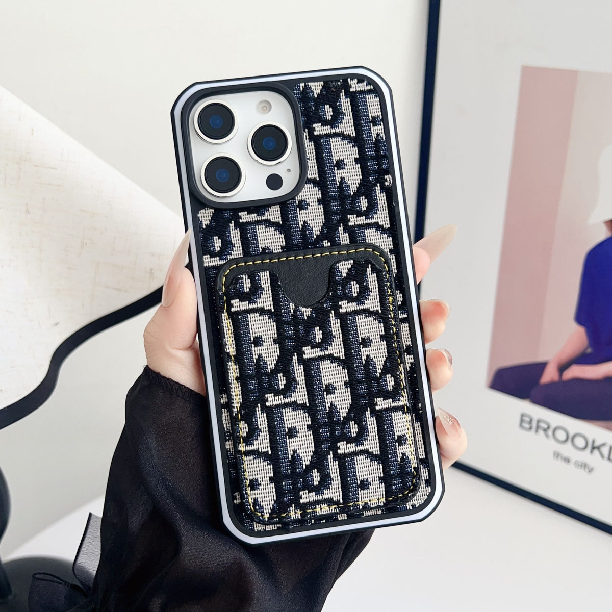 Dior Fabric iPhone Case Card Slot for 12 18 Pro Max Plus