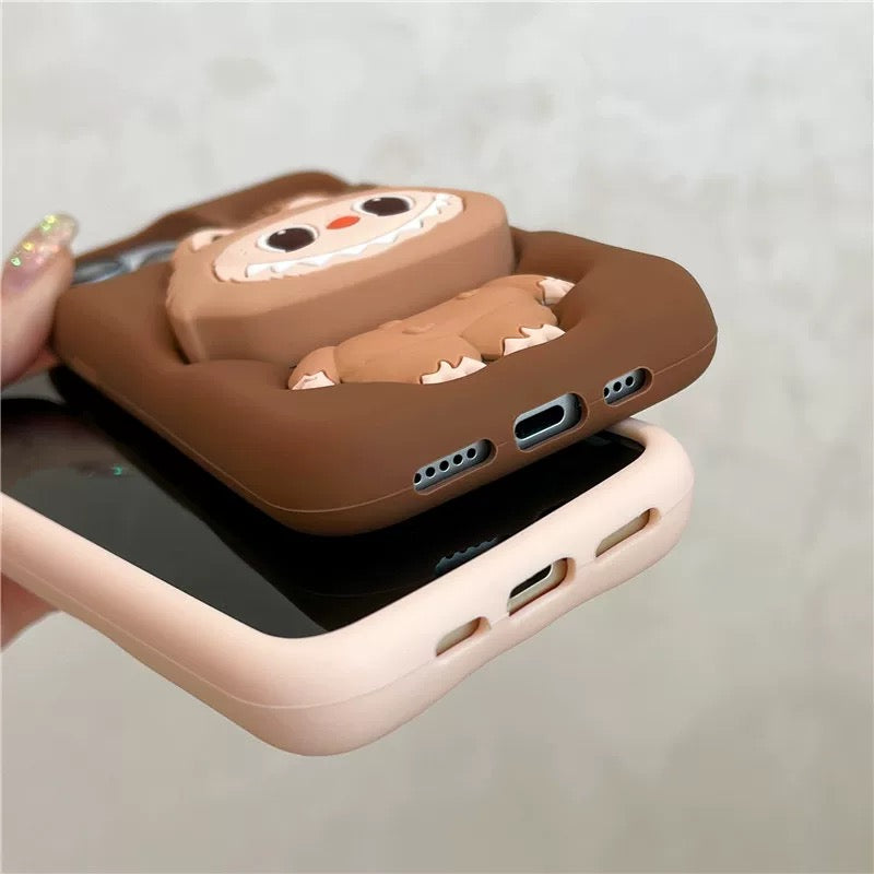 Cute Cartoon Labubu Zimomo Silicone with Stand | Brown/Pink - iPhone Case