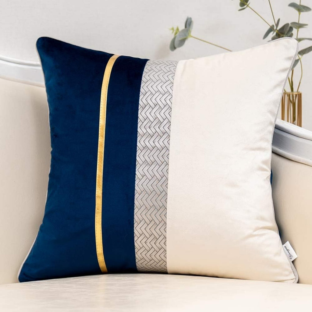 Navy Blue Patchwork Velvet Throw Pillow Cover with Gold Stripe