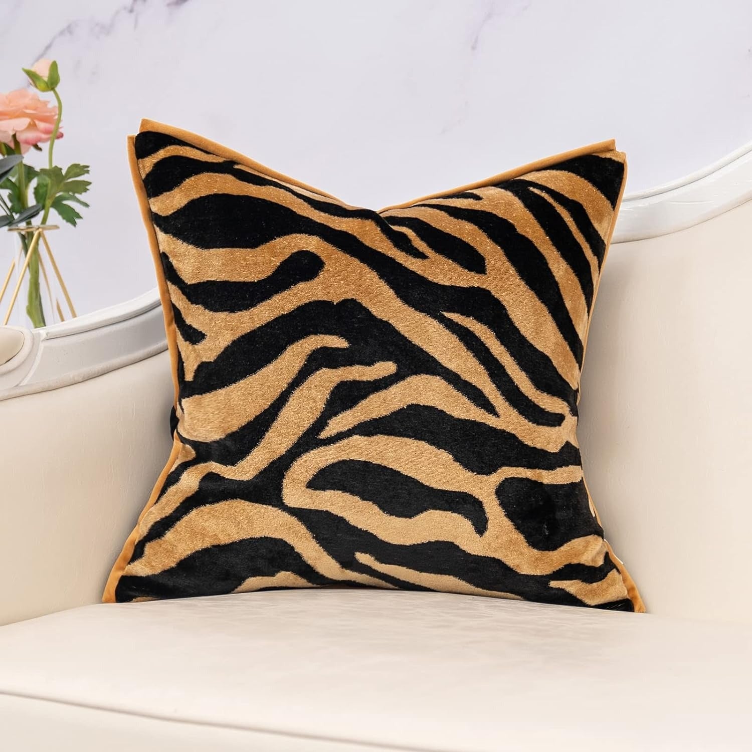 Black and Gold Square Velvet Zebra Print Cushion Cover
