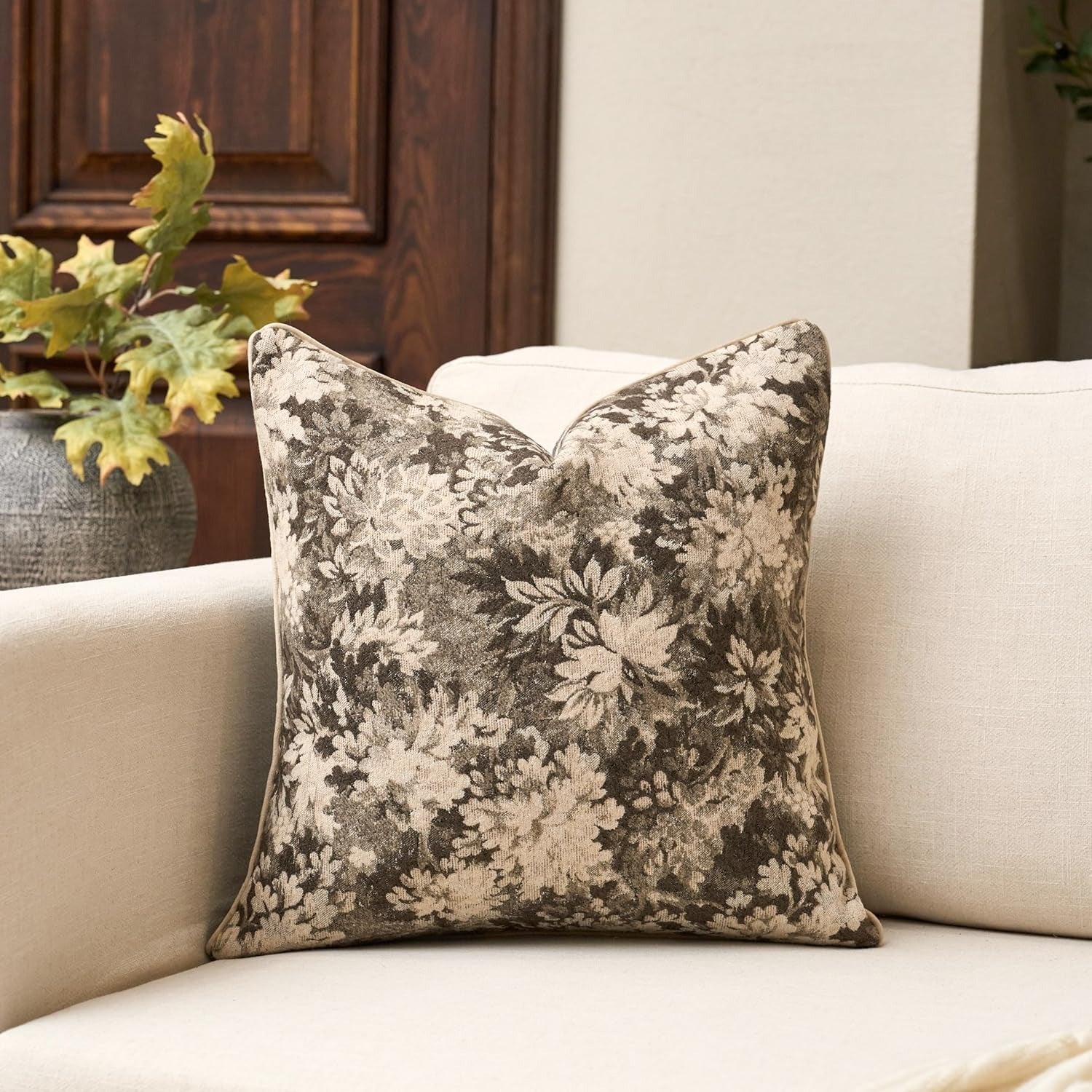 Neutral Floral Chenille Square Pillow Cover – Grey