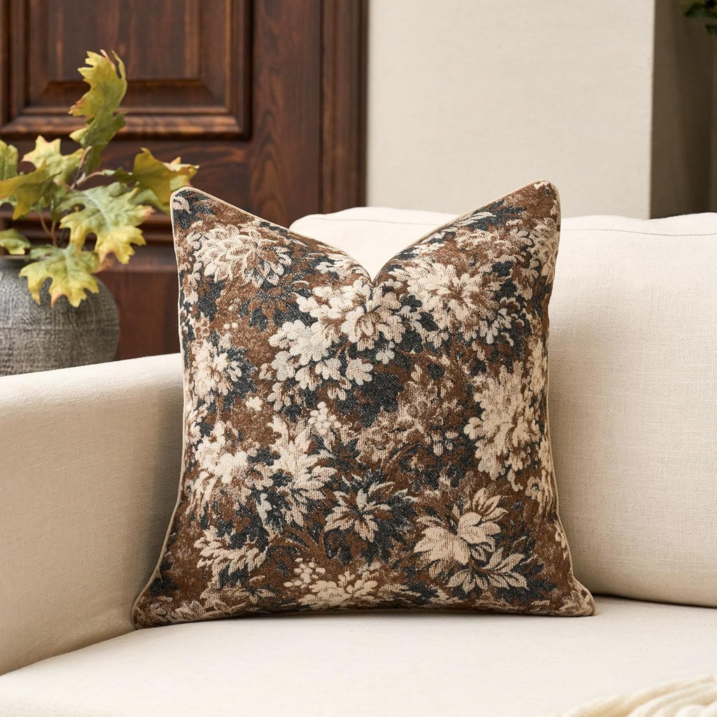 Neutral Floral Chenille Square Pillow Cover– Brown