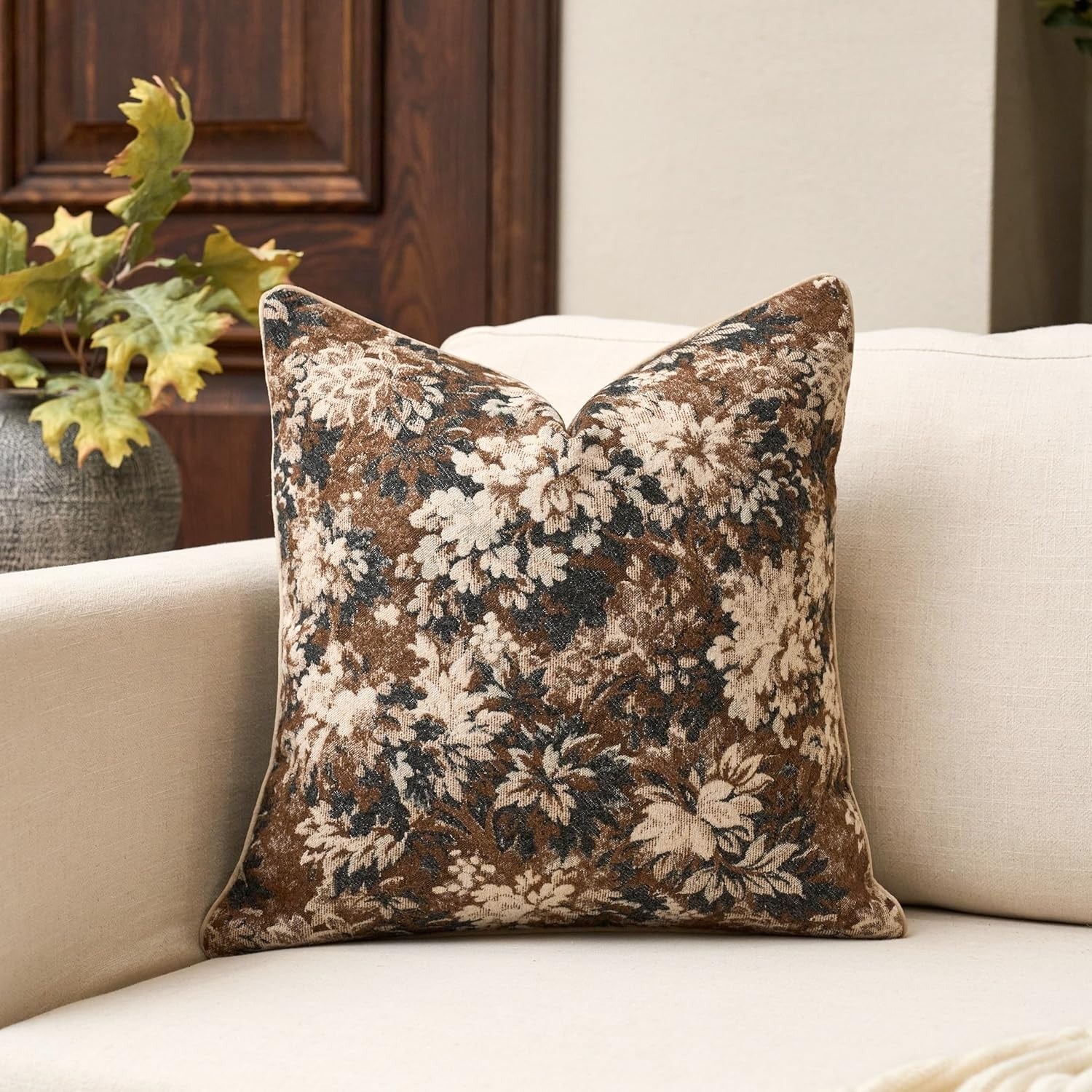 Neutral Floral Chenille Square Pillow Cover– Brown