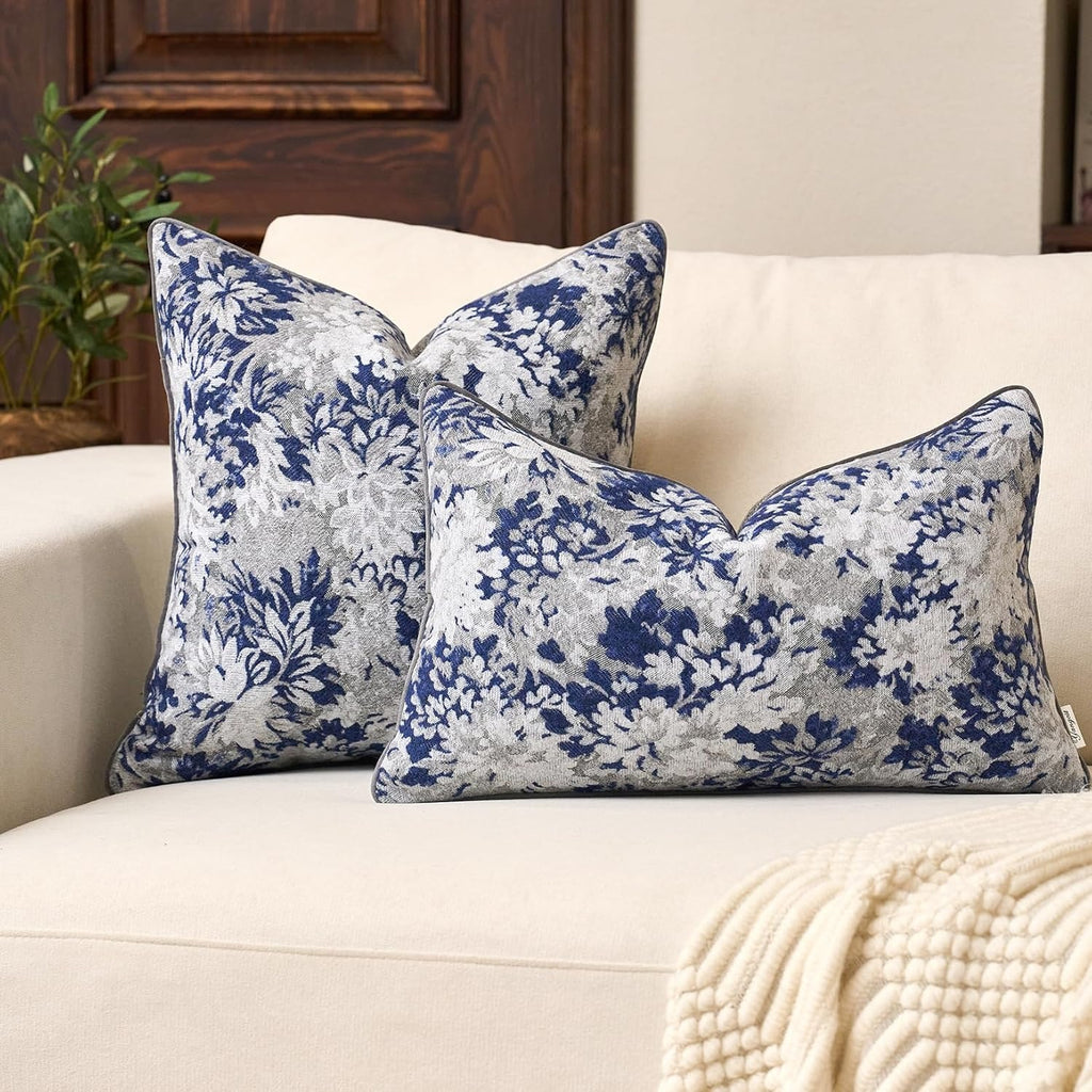 Neutral Floral Chenille Square Pillow Cover – Blue