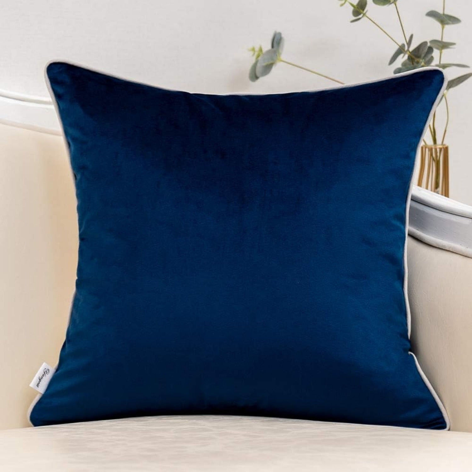 Navy Blue Patchwork Velvet Throw Pillow Cover with Gold Stripe