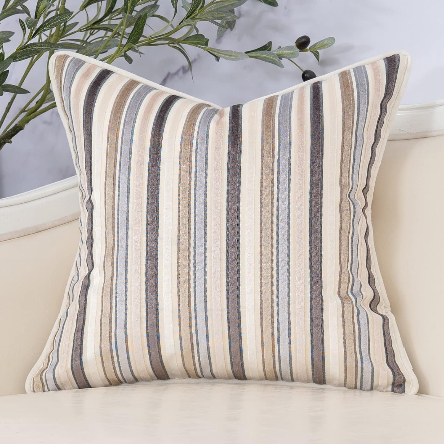 Beige Striped Velvet Square Pillow Cover – Bohemian Style