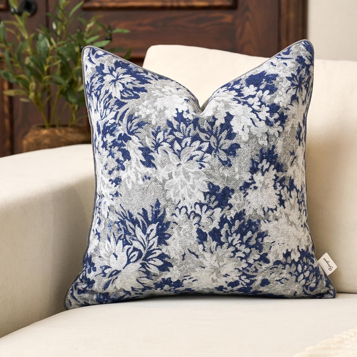 Neutral Floral Chenille Square Pillow Cover – Blue