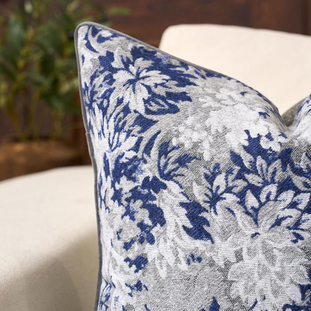 Neutral Floral Chenille Square Pillow Cover – Blue