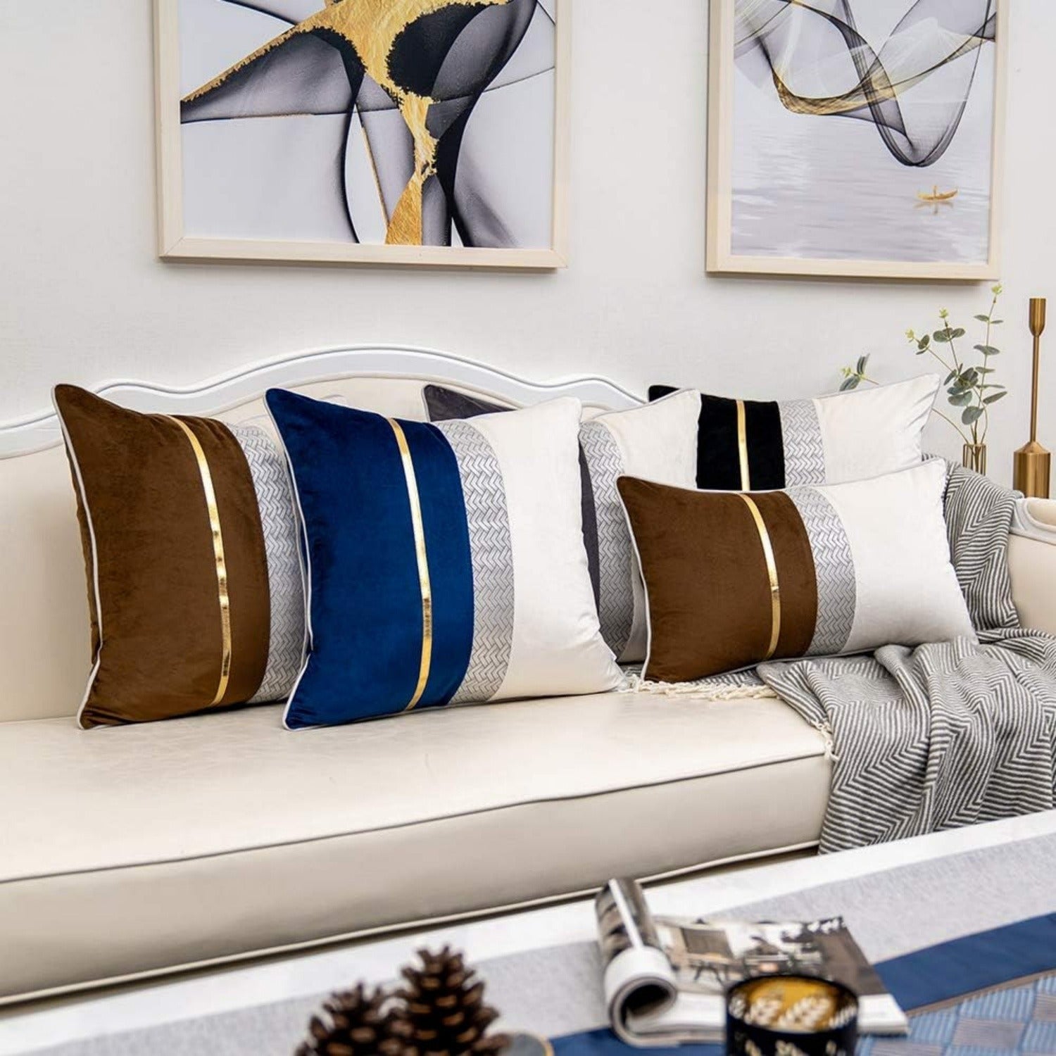 Navy Blue Patchwork Velvet Throw Pillow Cover with Gold Stripe