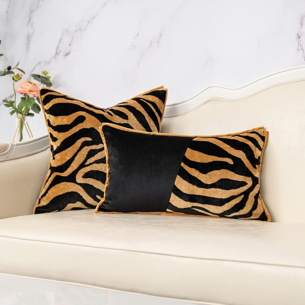 Black and Gold Square Velvet Zebra Print Cushion Cover