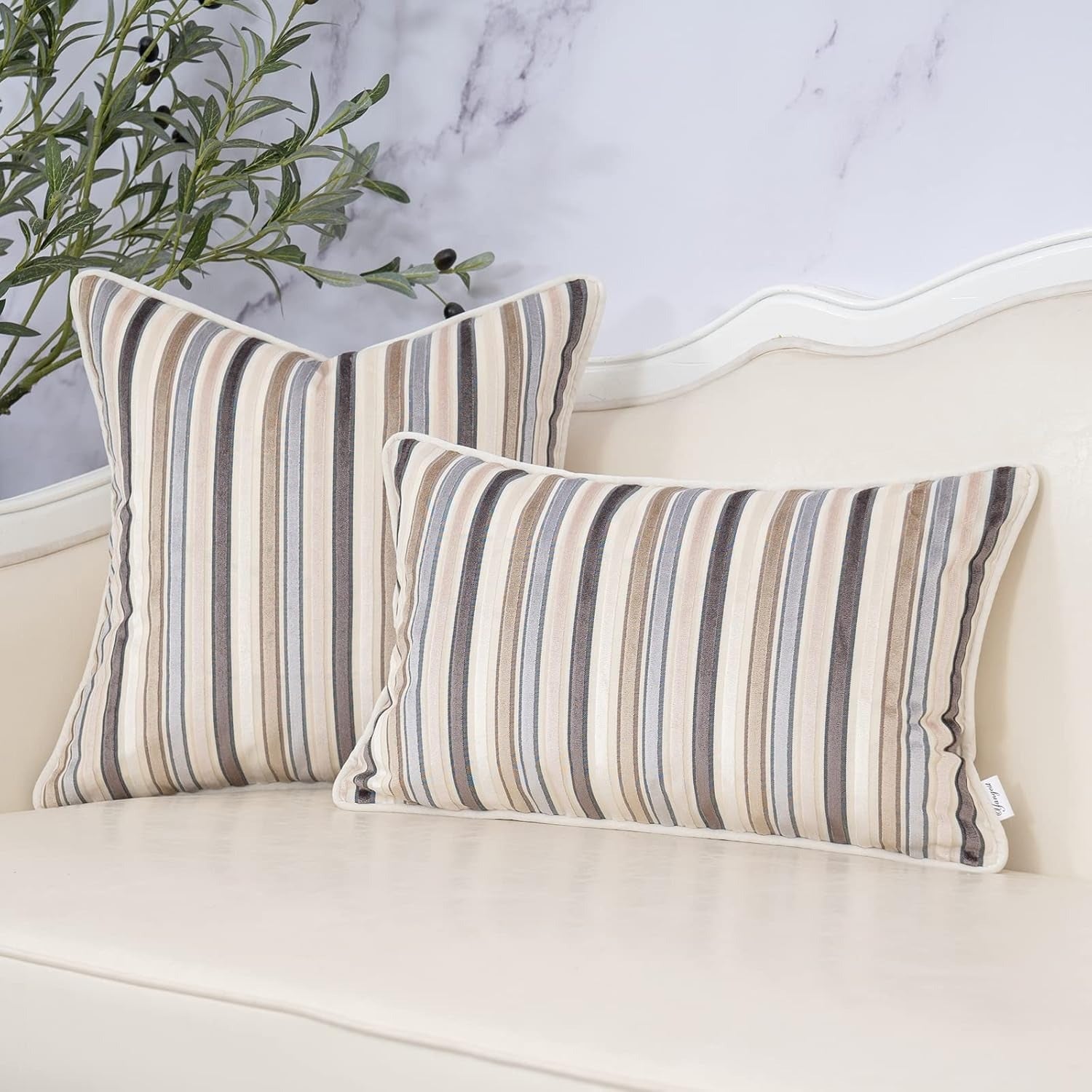 Beige Striped Velvet Square Pillow Cover – Bohemian Style