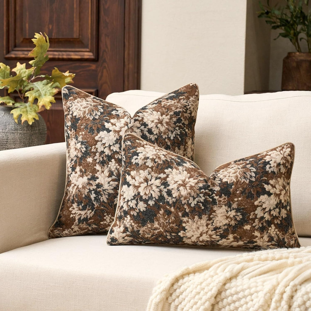 Neutral Floral Chenille Square Pillow Cover– Brown