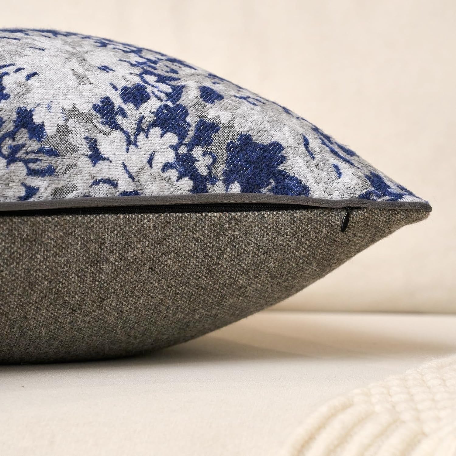 Neutral Floral Chenille Square Pillow Cover – Blue