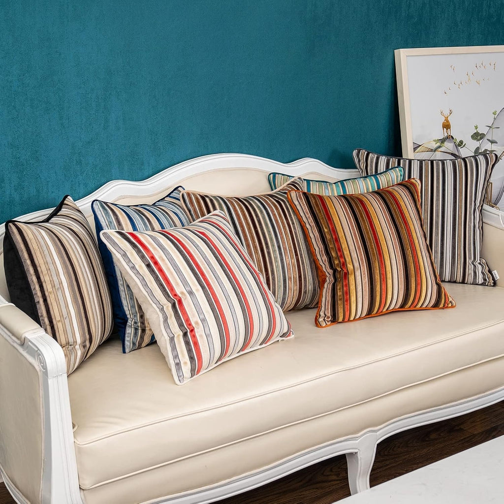 Beige Striped Velvet Square Pillow Cover – Bohemian Style