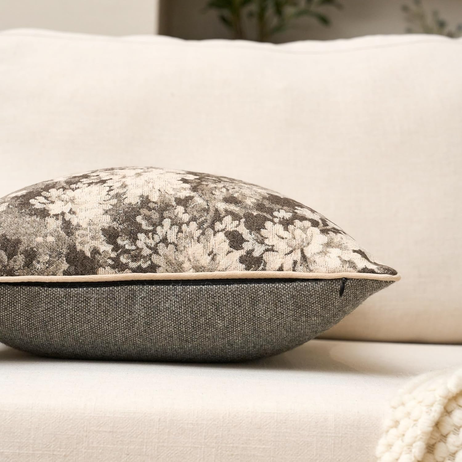 Neutral Floral Chenille Square Pillow Cover – Grey