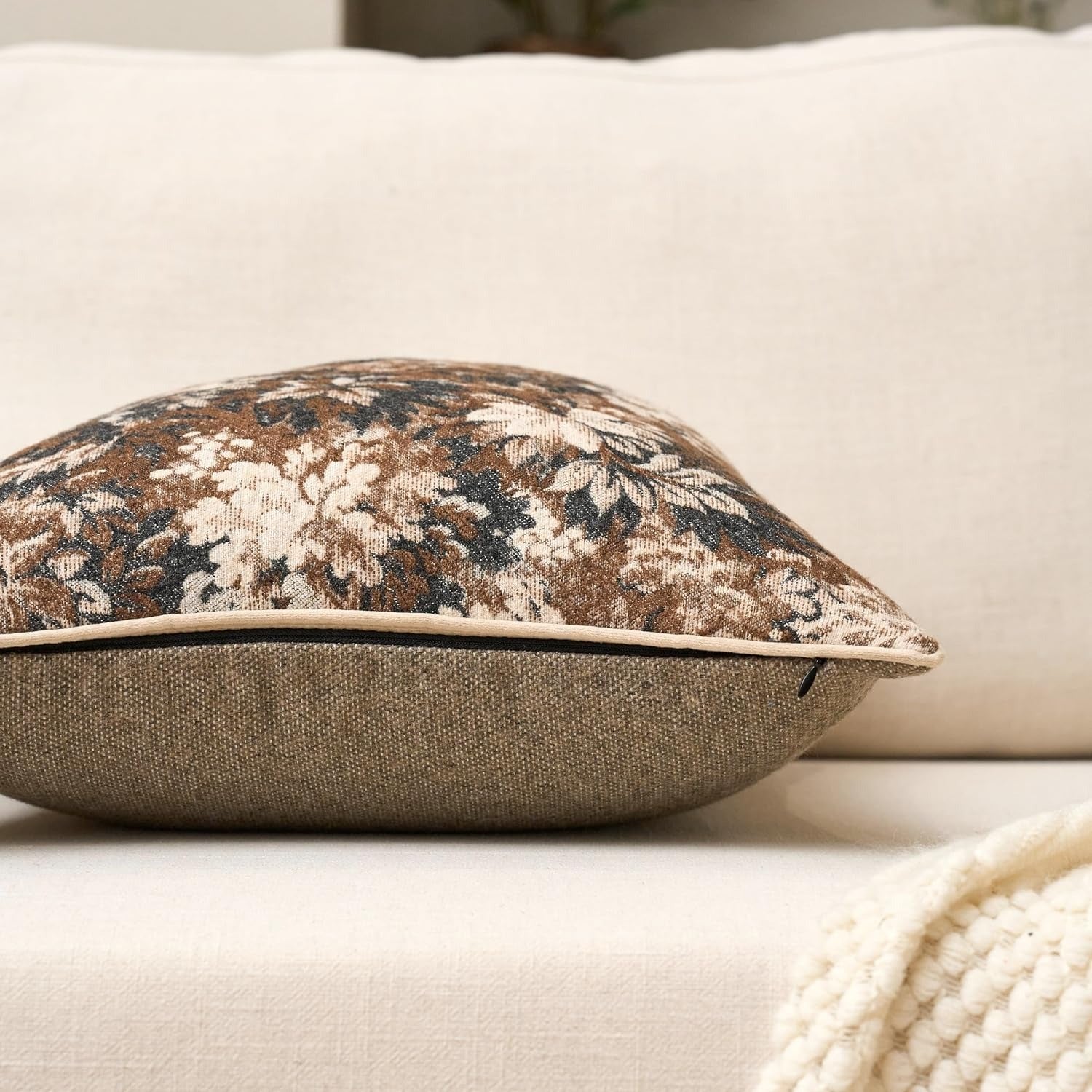 Neutral Floral Chenille Square Pillow Cover– Brown