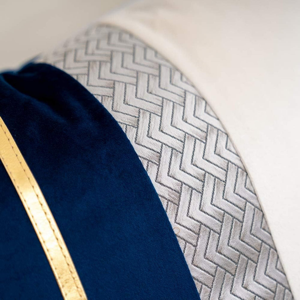 Navy Blue Patchwork Velvet Throw Pillow Cover with Gold Stripe