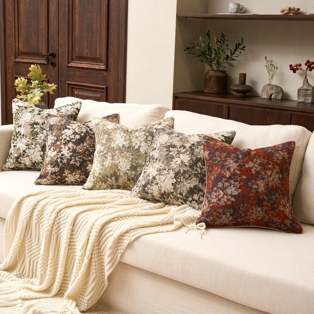 Neutral Floral Chenille Square Pillow Cover– Brown