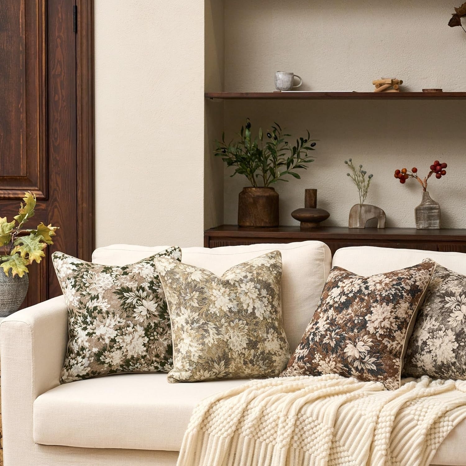 Neutral Floral Chenille Square Pillow Cover – Grey